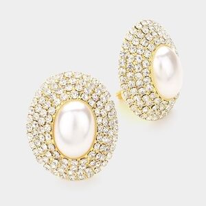 Gold Cream Oval Pearl Clip On Earrings 1.5" Inch Crystal Trim ClipOns